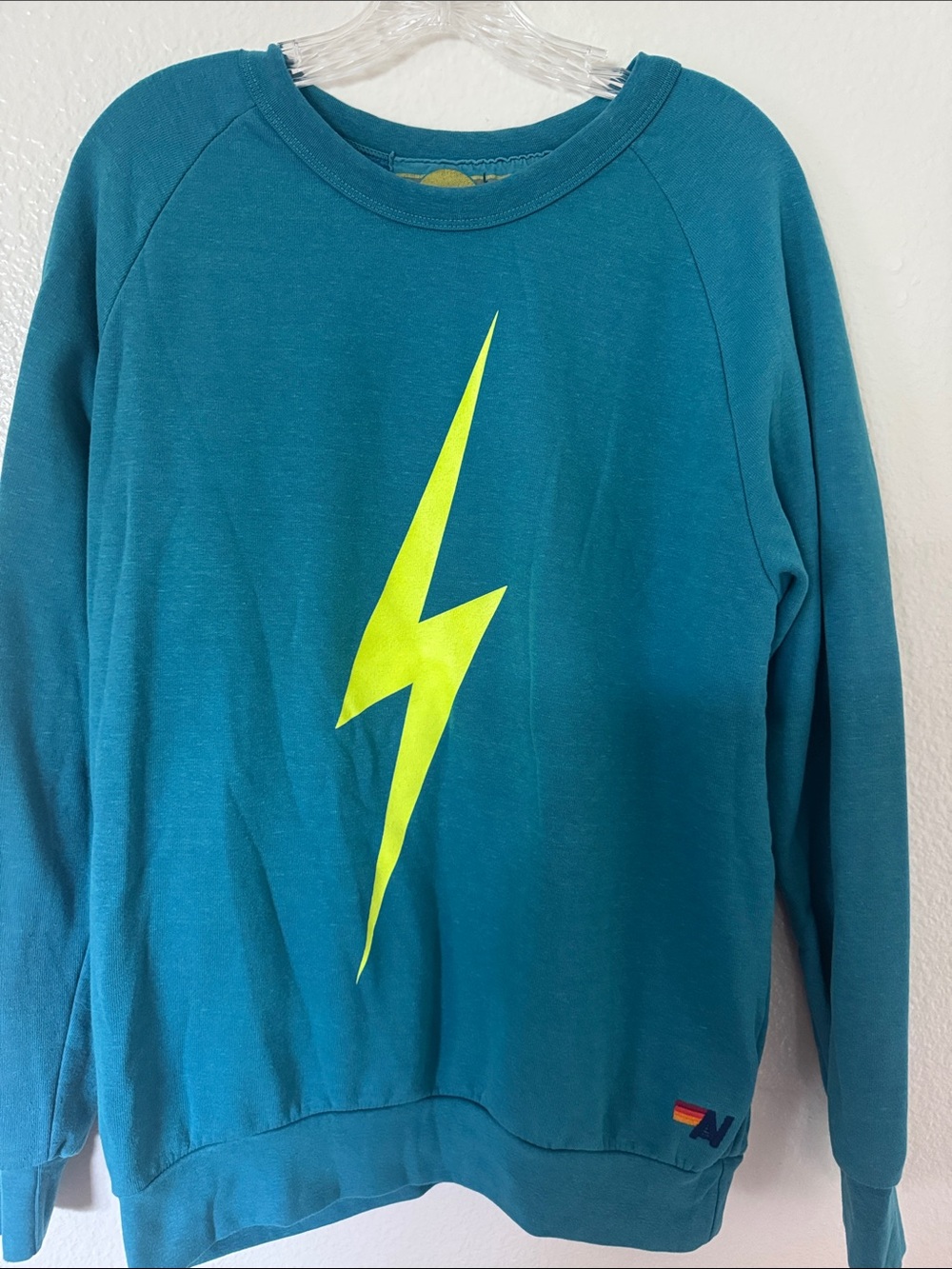 XL Aviator Nation Teal Sweatshirt with Neon Yellow Bolt Design